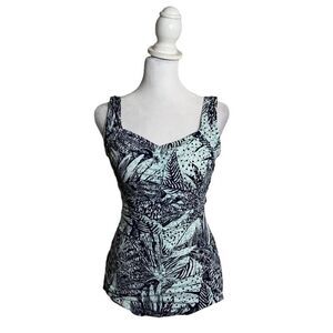 Vintage Rose Marie Reid One Piece Ruched Style Blue Tropical Foliage Swim Suit 8